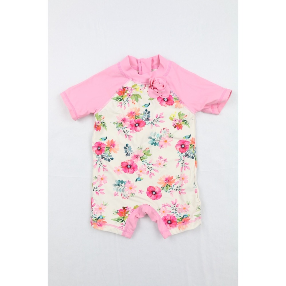 Little Me  girls one piece bathing suit  turtle neck Zip Closure Floral Pink 12M